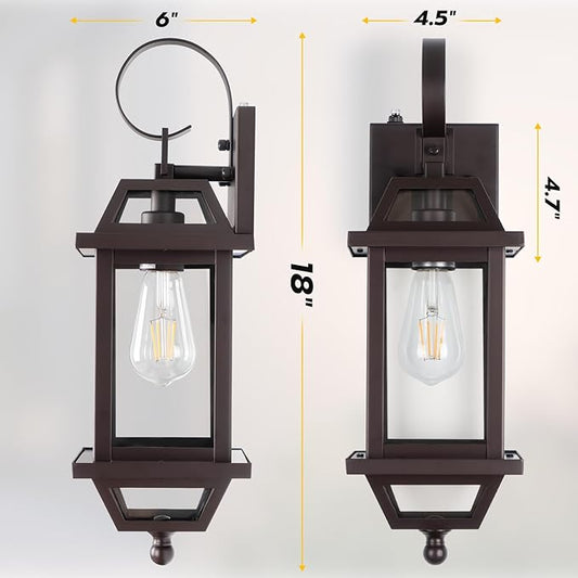 18" Bronze Outdoor Wall Sconces, Dusk Till Dawn Outdoor Porch Lights with Clear Glass, Aluminum Outside Porch Lantern Enclosed Bottom ETL Listed Brown Exterior Wall Sconces for Patio House
