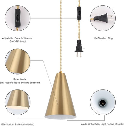 Gold Plug In Pendant Light,Hanging Lights With Plug In Cord On/Off Switch, Mini Brass Pendant Lights for Kitchen Island,Modern Chandeliers Light Fixture with Metal Shade,Hanging Lamps for Bedroom