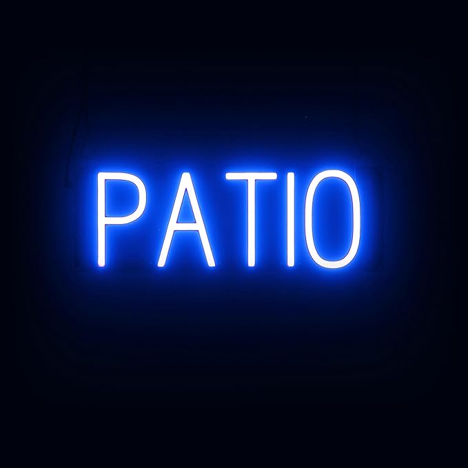 SpellBrite PATIO Sign | Location-Related Sign with Neon Look, Blue LED Light Source | 18.3" x 6.3"