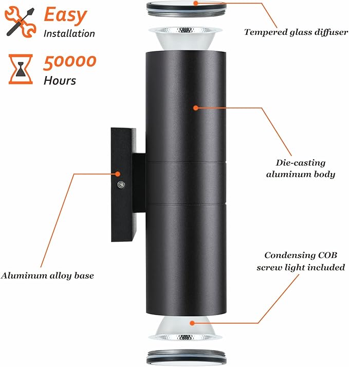 Dimmable Wall Lights Outdoor 2 Packs, Integrated LED Cylinder Up Down 12W 2700K Modern Aluminum Light, Waterproof Exterior Light for Porch Patio Door