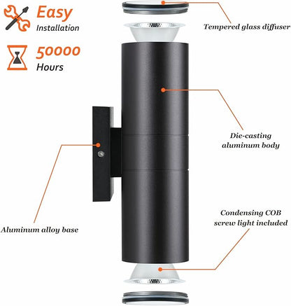 Dimmable Wall Lights Outdoor 2 Packs, Integrated LED Cylinder Up Down 12W 2700K Modern Aluminum Light, Waterproof Exterior Light for Porch Patio Door