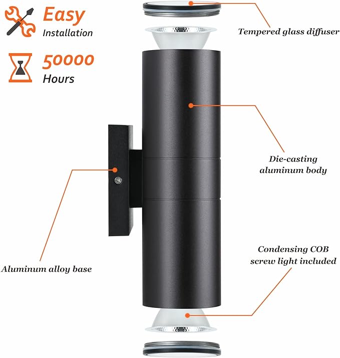 Outdoor Wall Lights 2 Packs, Integrated LED Cylinder Up Down 12W 2700K Modern Aluminum Light, Waterproof Exterior Light for Porch Patio Door
