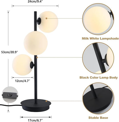 Mid Century Modern Table Lamp, Black Nightstand Lamp, White Glass Globe Desk Lamp, 3 Lights Contemporary Bedside Lamp for Bedroom Living Room Study Room