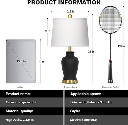 23" Modern Black Ceramic Table Lamps Set of 2, Farmhouse Table Lamps for Living Room, Classic Bedside Lamp with Ginger Jar Design, Elegant Bedroom Lamp for Night stand Desk Side End Table Home Decor