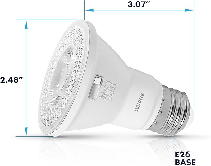 LUXRITE PAR20 LED Flood Light Bulb, 50W Equivalent, 5 Color Selectable 2700K-5000K, 550 Lumens, 7W, Dimmable LED Spotlight Bulb, Damp Rated, ETL Listed, E26 Base - Indoor Outdoor (4 Pack)