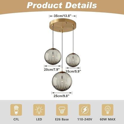 KCO Lighting Modern Gold 3 Light Hanging Pendant Light Large Smoke Glass Globe Cluster Chandelier Brush Brass Kitchen Island Light Fixture Nordic Multi Light Pendant Lighting