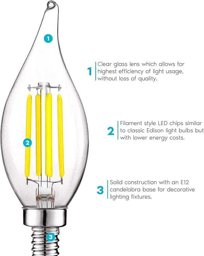 LUXRITE Vintage Candelabra LED Bulb 60W Equivalent, 550 Lumens, 5000K Bright White, Chandelier Light Bulbs 5W, Dimmable, Flame Tip Clear Glass, Filament Candle Bulbs, E12 Base (6 Pack)