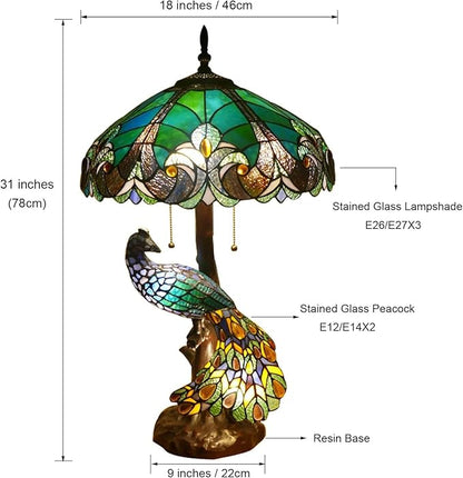 Large Tiffany Table Lamp 18" Wide Handmade Stained Glass Lamp Shade 3 Light Peacock Style Vintage Desk Light for Living Room Bedroom Bedside Reading Light,Victoria