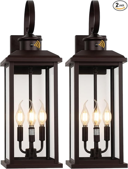 2Pack Dusk to Dawn Outdoor Wall Light Fixture, 24in Bronze Large 3-Light Modern Porch Lantern, Waterproof Exterior Lighting Sconce Wall Mount, Outside Lamp for House Garage Patio E12 Base
