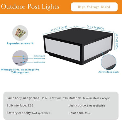 Modern Column Post Light, 15.74"x15.74" Outdoor Pillar Fence Cap Lights For Garden Patio Deck Decoration Lantern Wired High Voltage E26 E27 Base
