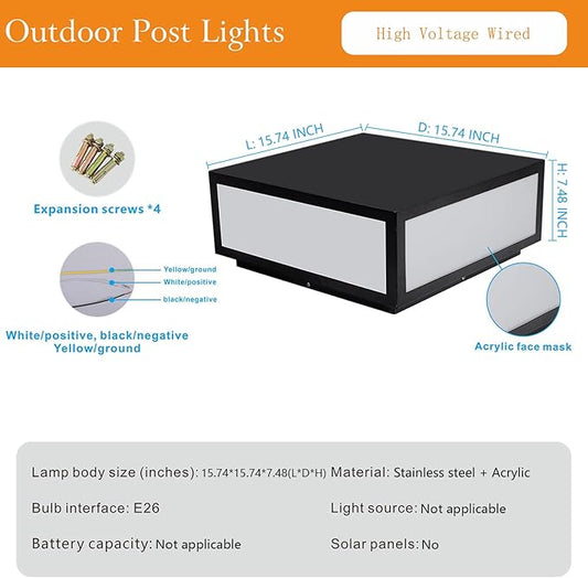 Modern Column Post Light, 15.74"x15.74" Outdoor Pillar Fence Cap Lights For Garden Patio Deck Decoration Lantern Wired High Voltage E26 E27 Base