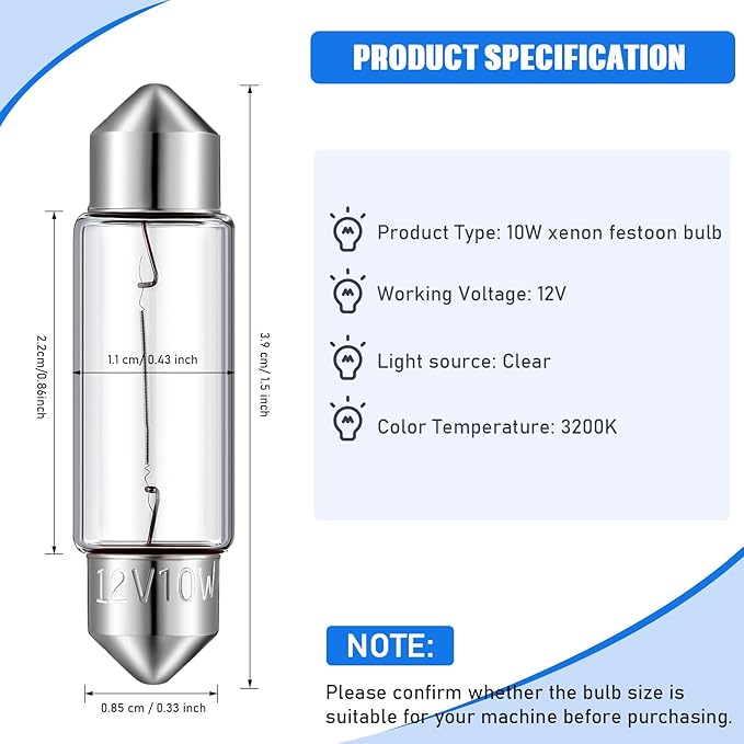 20 Pcs Xenon Festoon Light Bulb Clear Double Ended Festoon Bulb Marine Festoon Bulb 12V Standard Miniature 6411 Bulb for Mantel, Shelves, Bookcase, Refrigerator, Car Tail Light, Dome Light (10W)