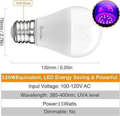 Onforu 15W LED Black Light Bulbs, A19 E26 120W Equivalent Blacklight Bulb for Glow in The Dark, Halloween Lights, 120V, Level 385-400nm, Blacklight Party, Body Paint, Fluorescent Poster