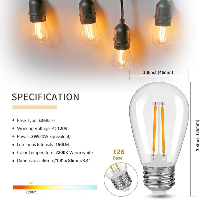 S14 Replacement LED Light Bulbs, Shatterproof & Waterproof 2W S14 LED Bulbs, Outdoor String Lights , E26 Base Patio Edison LED Light Bulbs, Warm White 2200K Plastic 150ML Non-Dimmable 25 Pack