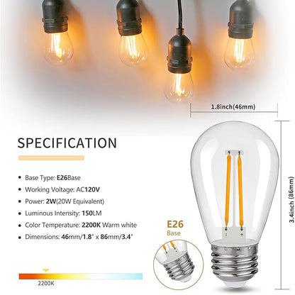 S14 Replacement LED Light Bulbs, Shatterproof & Waterproof 2W S14 LED Bulbs, Outdoor String Lights , E26 Base Patio Edison LED Light Bulbs, Warm White 2200K Plastic 150ML Non-Dimmable 25 Pack