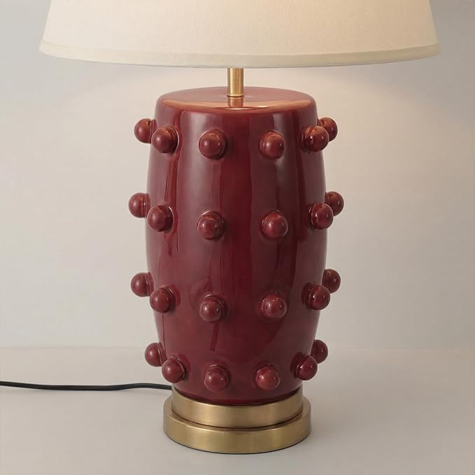 Modern Ceramic Linden Table Lamp - 30" White Ball Farmhouse Design, Classic Nightstand Large Linden Lamp Tapered Drum Shade for Living Room, Bedroom, Office, and Home （Wine Red）