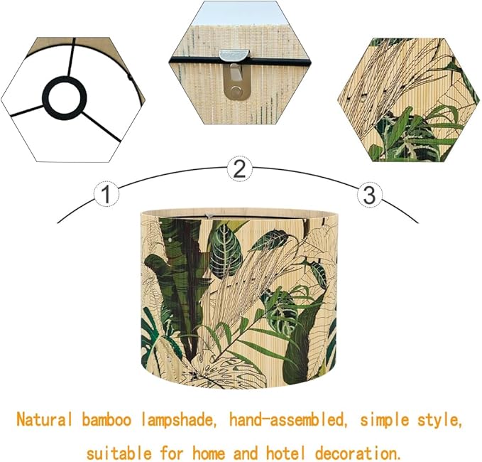Bamboo Lampshade With Tropical Plants green floral Design, Suitable For Floor Lamps And Desk Lamps, Art deco, Rustic And Elegant, Groovy Unique(11.8 * 9Inch) (Tropical Plants A)