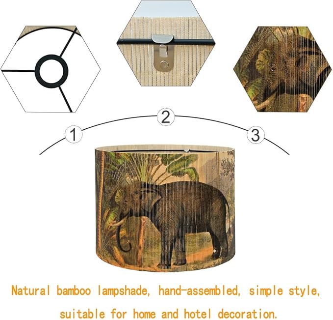 Bamboo Lampshade With Tropical colorful Funky Decorative, idea For Floor And table Lamps, Art deco livingroom bedroom office, Rustic And Retro, Size 11.8Inch (Elephant)