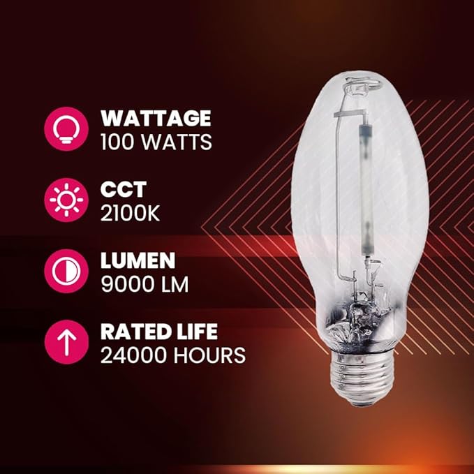 LU100/MED High Pressure Sodium Light Bulb, 100 Watts, ED17/MED, Medium Base (E26), ANSI Code S54, 9000 Lumen, 24000 Life Hours, Clear Bulb, 2100K, 2 Pack