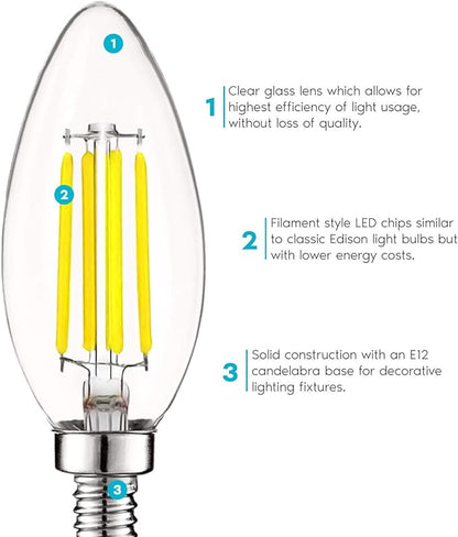 LUXRITE Vintage Candelabra LED Bulb 60W Equivalent, 550 Lumens, 5000K Bright White, LED Chandelier Light Bulbs 5W, Dimmable, Torpedo Tip Clear Glass, Filament LED Candle Bulbs, E12 Base (12 Pack)