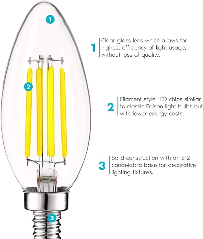 LUXRITE Vintage Candelabra LED Bulb 60W Equivalent, 550 Lumens, 5000K Bright White, Chandelier Light Bulbs 5W, Dimmable, Clear Glass, Filament Candle Bulbs, UL Listed, E12 Base (16 Pack)