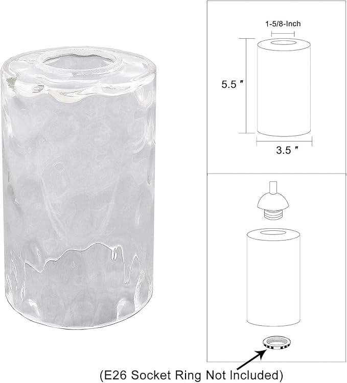 2 Pack Clear Water Ripple Glass Shade, Cylinder Light Fixture Replacement Globe or Cover with 1-5/8-Inch Fitter for Wall Sconce Chandelier Pendant Light, G0002