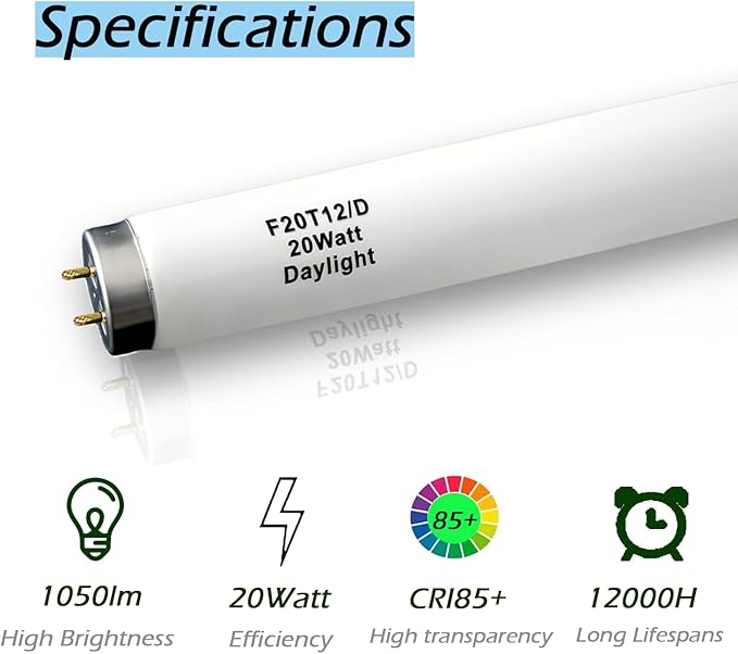 6 Pack 2FT F20T12/D Daylight Fluorescent Bulb, 24 Inch 6500K 20 Watt Full Spectrum Light, 1.5 Inch Diameter T12 Linear Tube, High Transparency CRI 85+