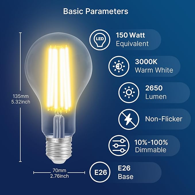 FLSNT 150W Equivalent Dimmable A23 LED Light Bulbs, 2650Lumens, Efficient 18W, 3000K Warm White, E26 Base, 8 Pack