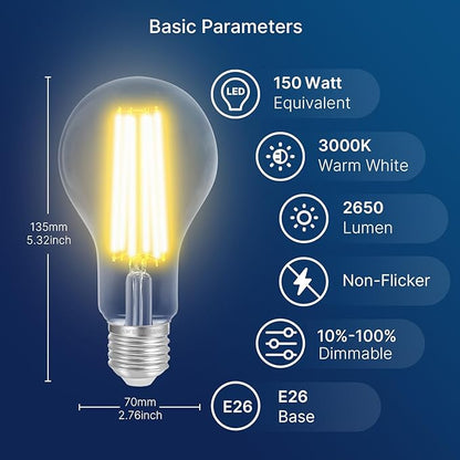 FLSNT 150W Equivalent Dimmable A23 LED Light Bulbs, 2650Lumens, Efficient 18W, 3000K Warm White, E26 Base, 8 Pack