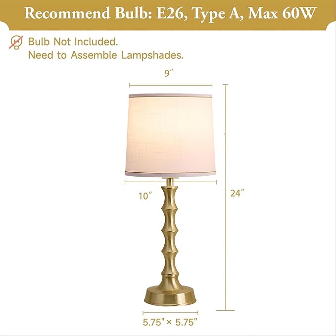 24" Gold Table Lamps Set of 2 with White Shade, Modern Small Bedroom & Nightstand Lights for Living Room & End Table
