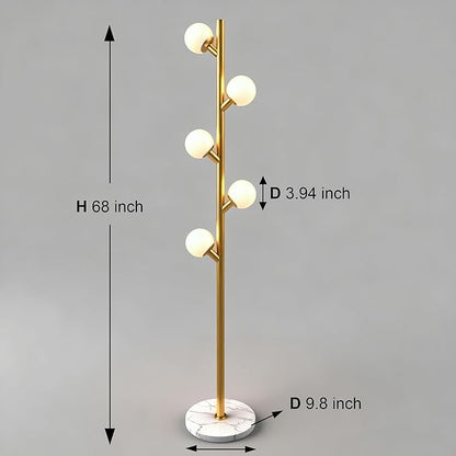 Fiqevs 5 Globe Floor Lamp for Living Room, Mid Century Modern Standing Lamp with Orb Frosted Glass Shade and 5 LED Bulbs, Elegant Tree Tall Lamp for Bedroom Office - Antique Brass/Gold