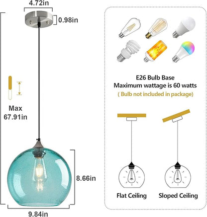 Light Blue Glass Pendant Lights Kitchen Island Globe Pendant Light Fixtures Modern Pendant Lighting for Bedroom Living Dining Room Light Fixture (9.84 in, 3 Pack)