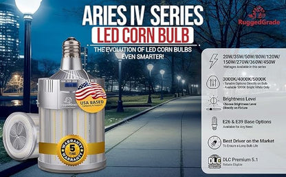 RuggedGrade Aries III Series 120W LED Corn Bulb | 16,400 Lumens | 5000K Bright White | E39 Base | Dimmable with 6KV Surge Protection | DLC 5.1 Premium