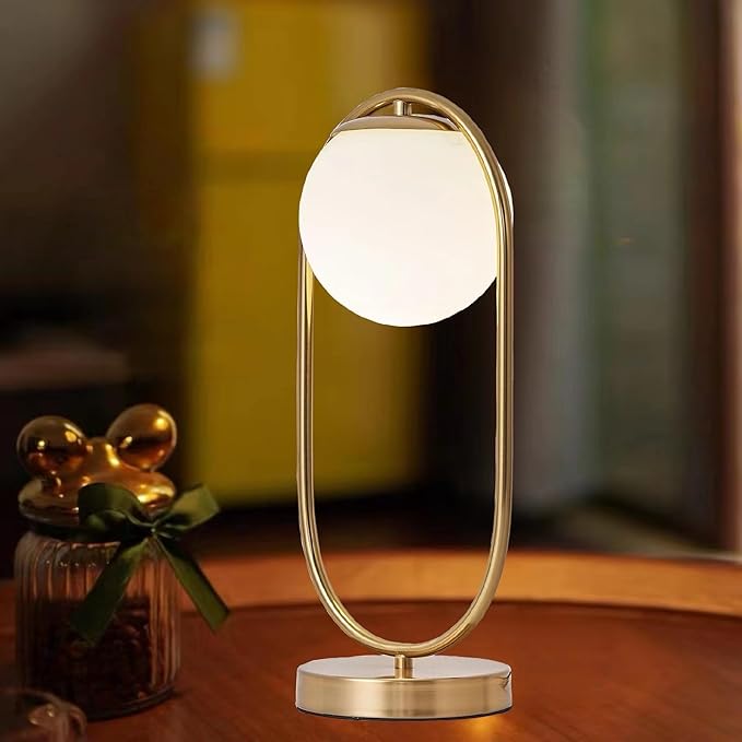 Mid Century Modern Table Lamp White Glass Shade Nightstand Lamp Small Gold Table Lamp for Bedside Bedroom Living Room Office