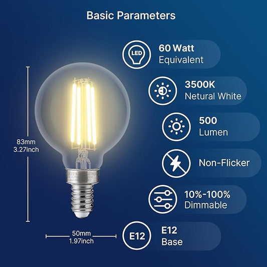 FLSNT G16.5 Dimmable LED Candelabra Bulbs 60W Equivalent, LED E12 Chandelier Light Bulbs, 500LM, CRI82, 4W, AC 120V, 6 Pack, 3500K Netural White