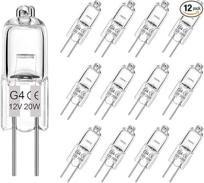 G4 Halogen Bulb 20W, 12 Pack Dimmable G4 Light Bulb for Under Cabinet Puck Light, Chandeliers, Track Lighting, AC/DC 12 Volt, T3 JC Type Bi-Pin Base, Warm White 2700K