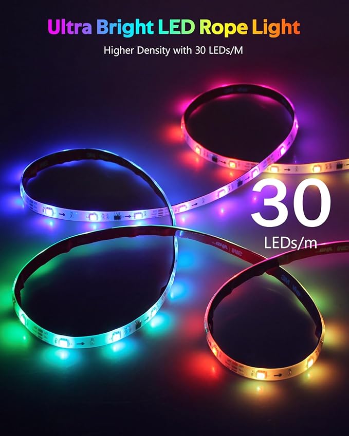 16.4FT RGB IC LED Strip Lights for Bedroom 12V Addressable Smart LED Light Strip Color Chasing Waterproof LED Light with Segmented APP Control Music Sync Strong Adhesive for Gaming Living Room