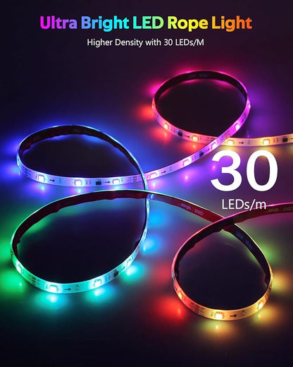 16.4FT RGB IC LED Strip Lights for Bedroom 12V Addressable Smart LED Light Strip Color Chasing Waterproof LED Light with Segmented APP Control Music Sync Strong Adhesive for Gaming Living Room