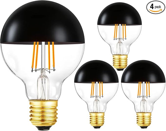 Leools Dimmable Half Black Light Bulb, 6W (60W Eqv.), Anti Glare LED Light Bulbs,2700k Warm White, E26 Silver Dipped Bulb, G25 Globe Light Bulbs for Bathroom, Vanity, Mirror,4Pcs