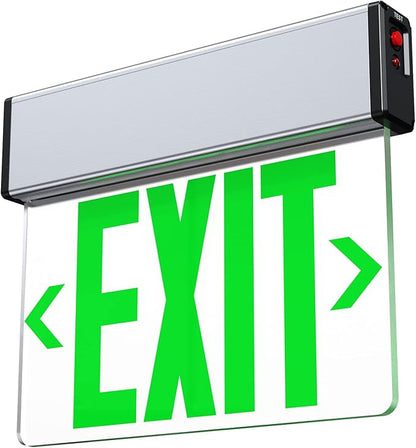 Green LED Edge Lit Exit Sign Brushed Aluminum Housing, UL Listed Emergency Exit Signs Single Sided Clear Acrylic with Battery Backup, AC 120-347V Hardwired Exit Lights, Top/Side/Wall Mount (1 Pack)