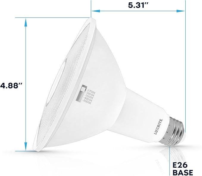 LUXRITE PAR38 LED Flood Light Bulb, 90W Equivalent, 5 Color Selectable 2700K-5000K, 1200 Lumens, 13W, Dimmable LED Spotlight Bulb, Damp Rated, ETL Listed, E26 Base - Indoor Outdoor (4 Pack)