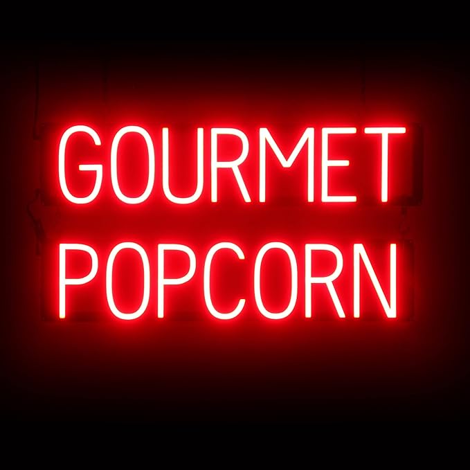 SpellBrite GOURMET POPCORN Sign | Treat-Related Sign with Neon Look, Red LED Light Source | 28.8" x 15.0"