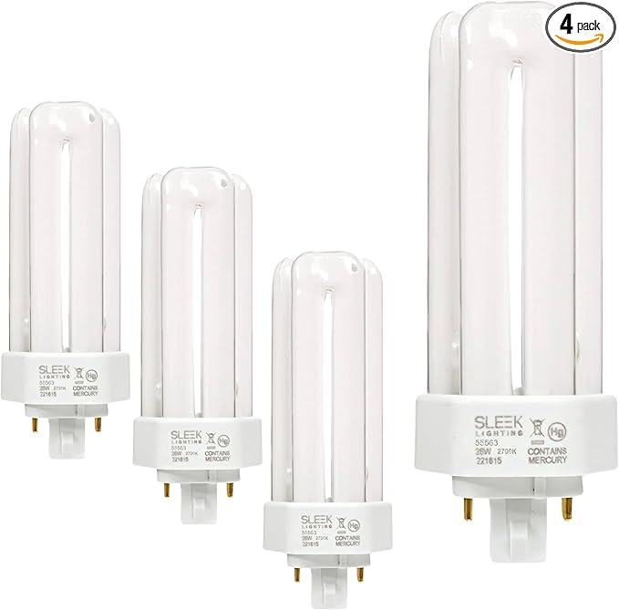 SLEEKLIGHTING 26 Watt T4 Tri Tube CFL 4 Pin GX24Q-3 Base Light Bulb 2700K 1600lm - Compact Fluorescent - Warm White Light 4pack