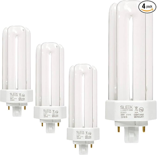 SLEEKLIGHTING 26 Watt T4 Tri Tube CFL 4 Pin GX24Q-3 Base Light Bulb 2700K 1600lm - Compact Fluorescent - Warm White Light 4pack