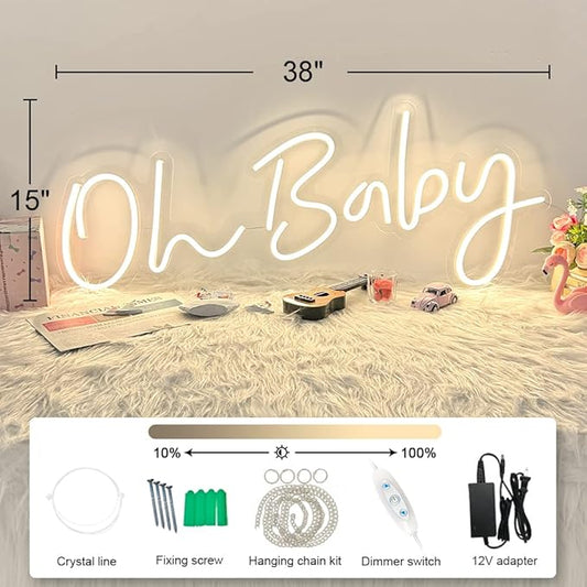 DIVATLA 38"x15" Large Oh Baby Sign for Backdrop - Oh Baby Neon Sign Dimmable Light Up Sign for Gender Reveal, Wedding, Birthday Party Bedroom Wall Decor