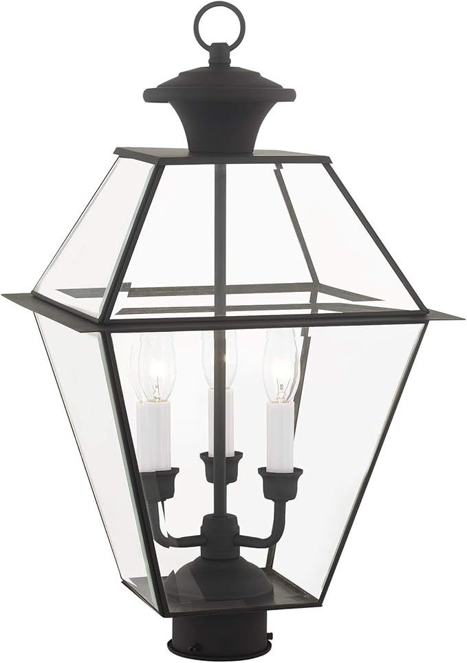 Livex Lighting 2384-04 Westover 3 Light Outdoor Black Finish Solid Brass Wall Lantern with Clear Beveled Glass, 22" x 12" x 22"