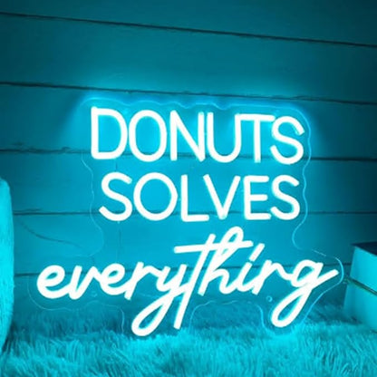 Donuts Solves Everything LED Neon Sign Custom Food Bakery Night Light Home Wall Kitchen Decor Coffee Bar Shop Restaurant Business Decoration Size:16x12inches