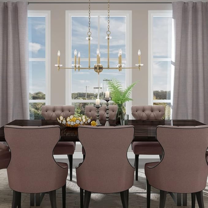 Livex Lighting 42708-91 Bancroft - Eight Light Linear Chandelier, Brushed Nickel Finish with Clear Bobeche Crystal, 19.75x39.50x14.00