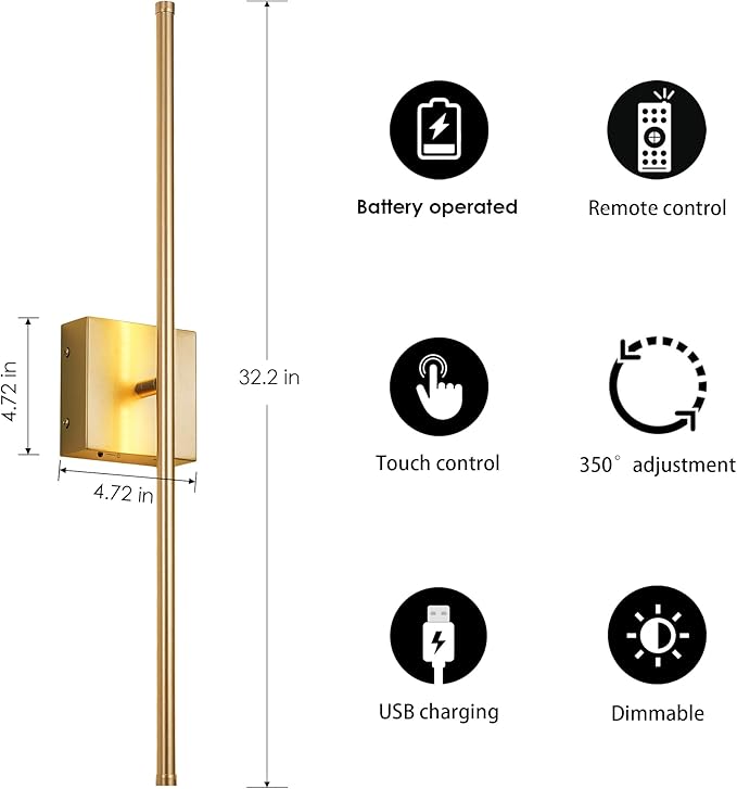 Battery Operated Wall Sconces with Remote Control, Dimmable Wall Sconces Set of Two, 350°Rotate, 3000K LED Gold Wireless Wall Light for Living Room, Hallway, Bedroom, 32.2 Inch (2 Pack)