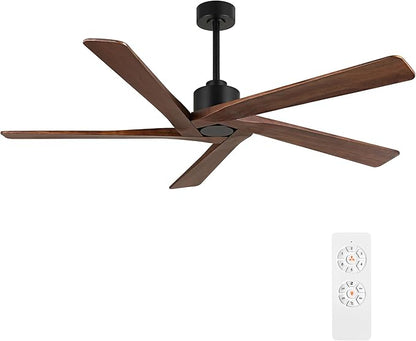WINGBO 72" DC Ceiling Fan No Light with 3 Downrods, 5 Carved Solid Wood Blades, 6-Speed Reversible DC Motor, Large Ceiling Fan without Lights in Matte Black Finish with Walnut Blades